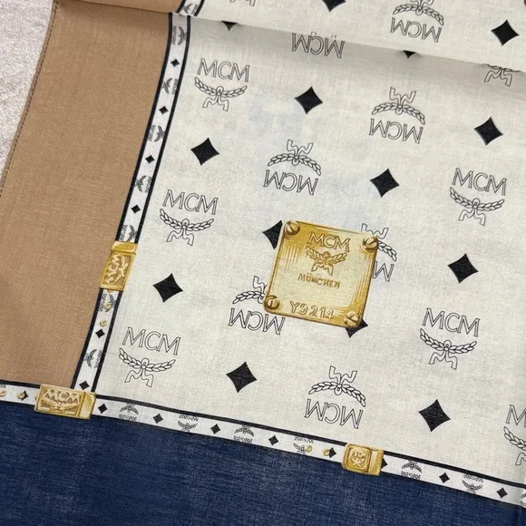 MCM Logo Square Scarf in Navy, White & Gold Plaque Print cotton - Picture 4 of 6